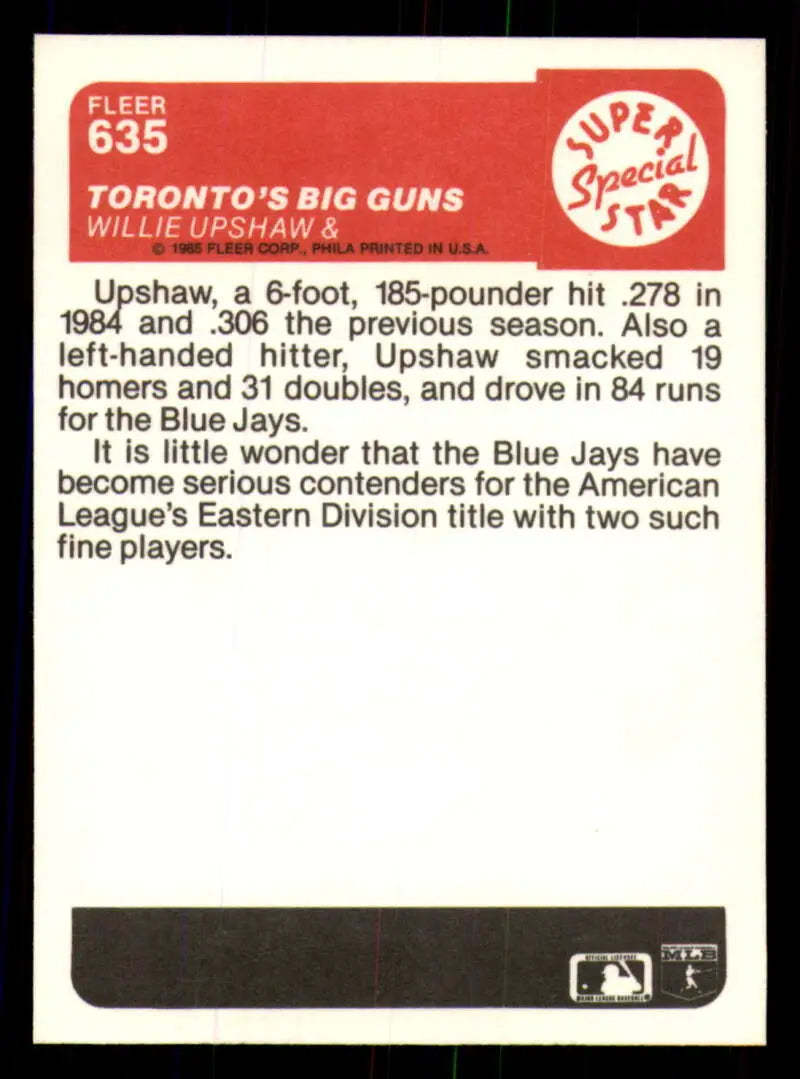 1985 Fleer #635 Willie Upshaw EX Excellent Toronto Blue Jays Baseball Card - Baseball Card Single