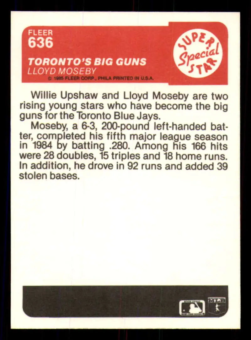 1985 Fleer #636 Lloyd Moseby EX Excellent Toronto Blue Jays Baseball Card - Baseball Card Single