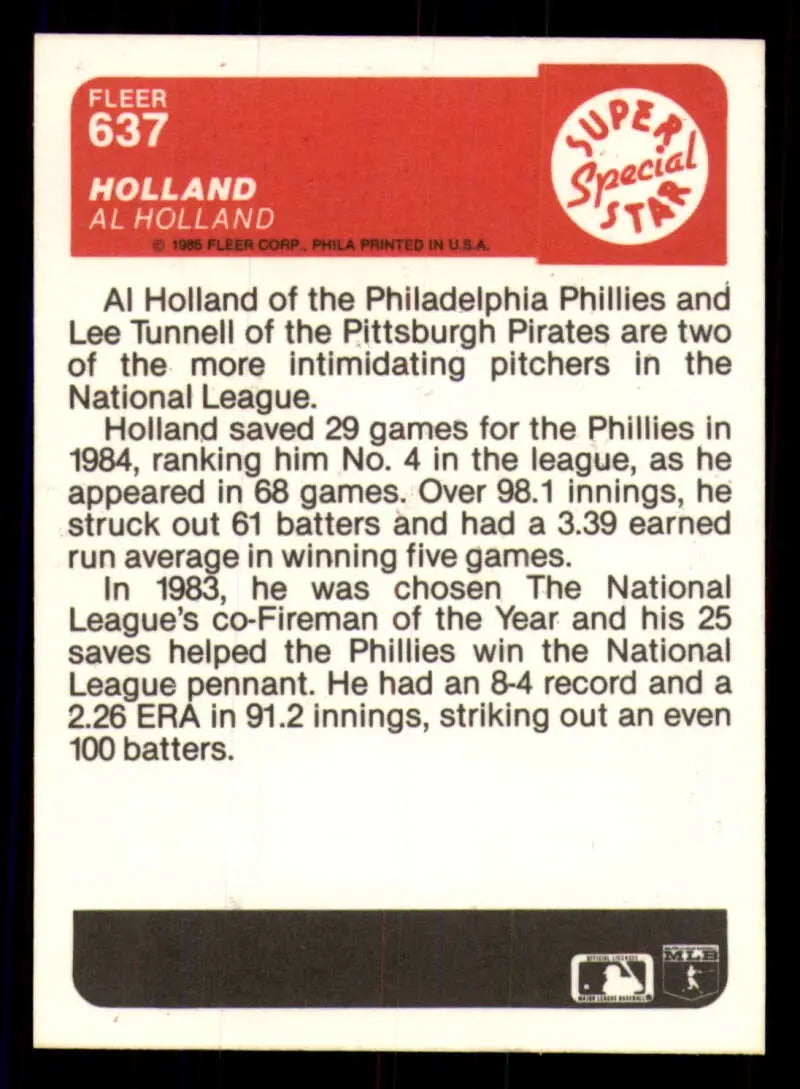 1985 Fleer #637 Al Holland EX Excellent Philadelphia Phillies Baseball Card - Baseball Card Single