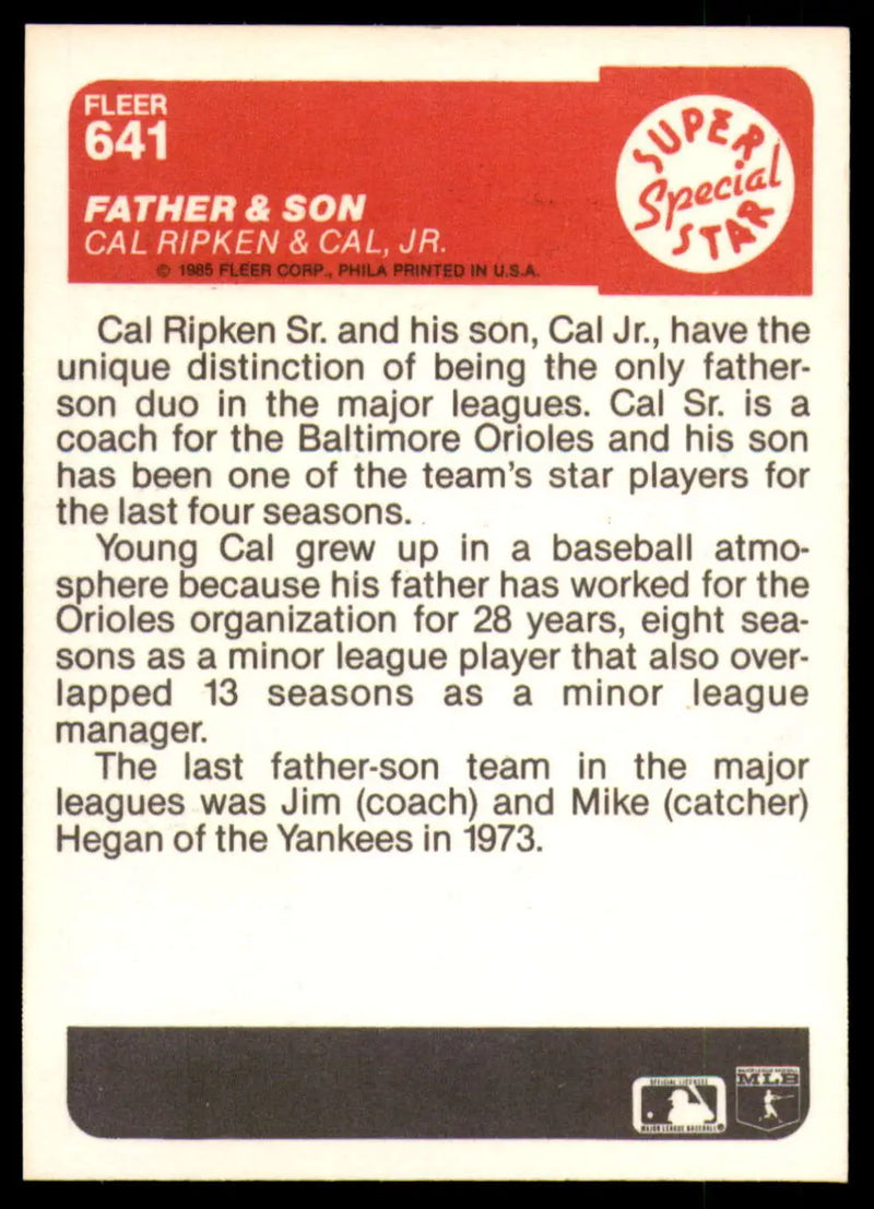 1985 Fleer #641 Cal Ripken Jr./Cal Ripken Sr. EX Excellent Baltimore Orioles Baseball Card - Baseball Card Single