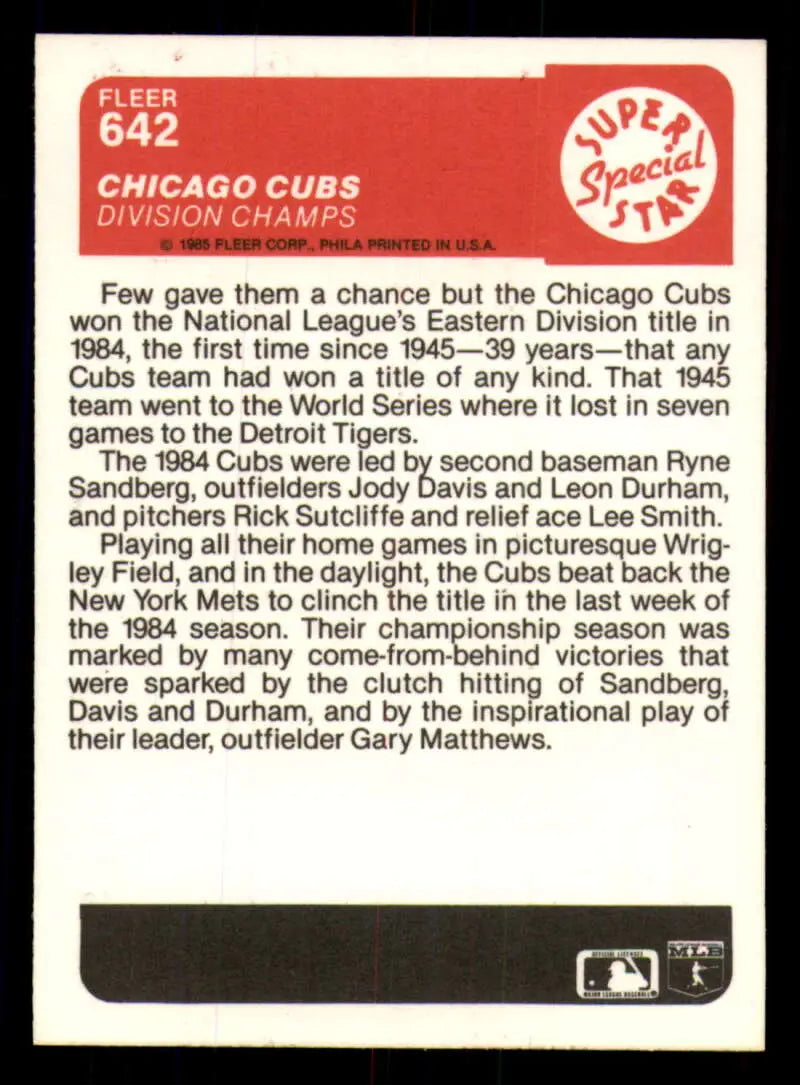1985 Fleer #642 Cubs Division Champs EX Excellent Chicago Cubs Baseball Card - Baseball Card Single