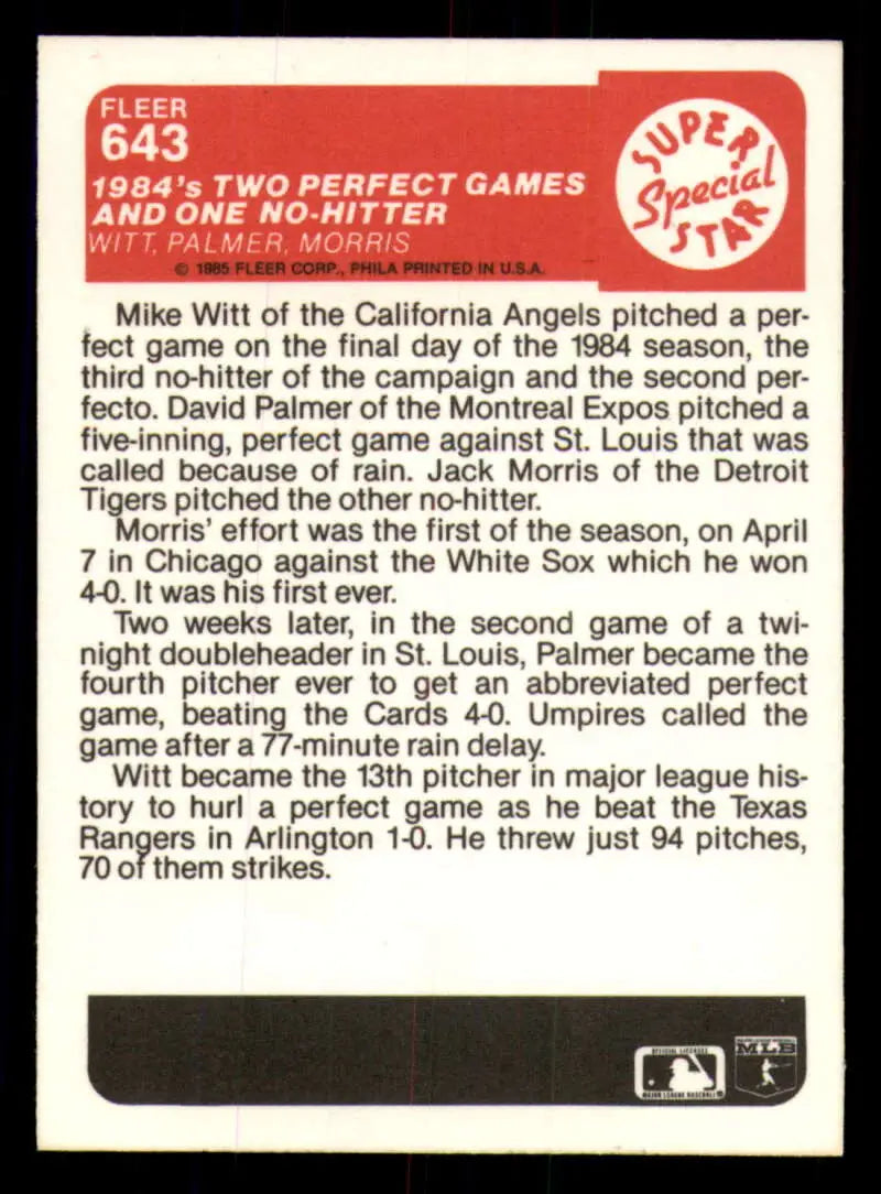 1985 Fleer #643 Mike Witt/David Palmer/Jack Morris EX Excellent California Angels/Montreal Expos/Detroit Tigers