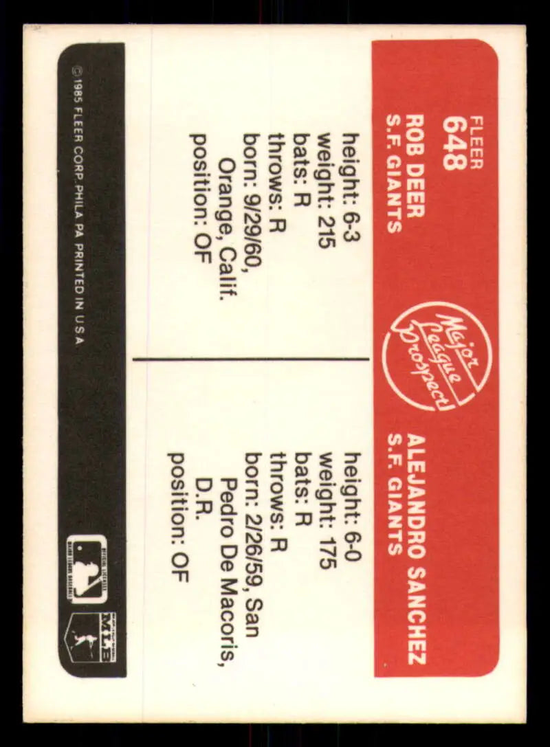 1985 Fleer #648 Rob Deer/Alejandro Sanchez EX Excellent RC Rookie San Francisco Giants Baseball Card - Baseball Card