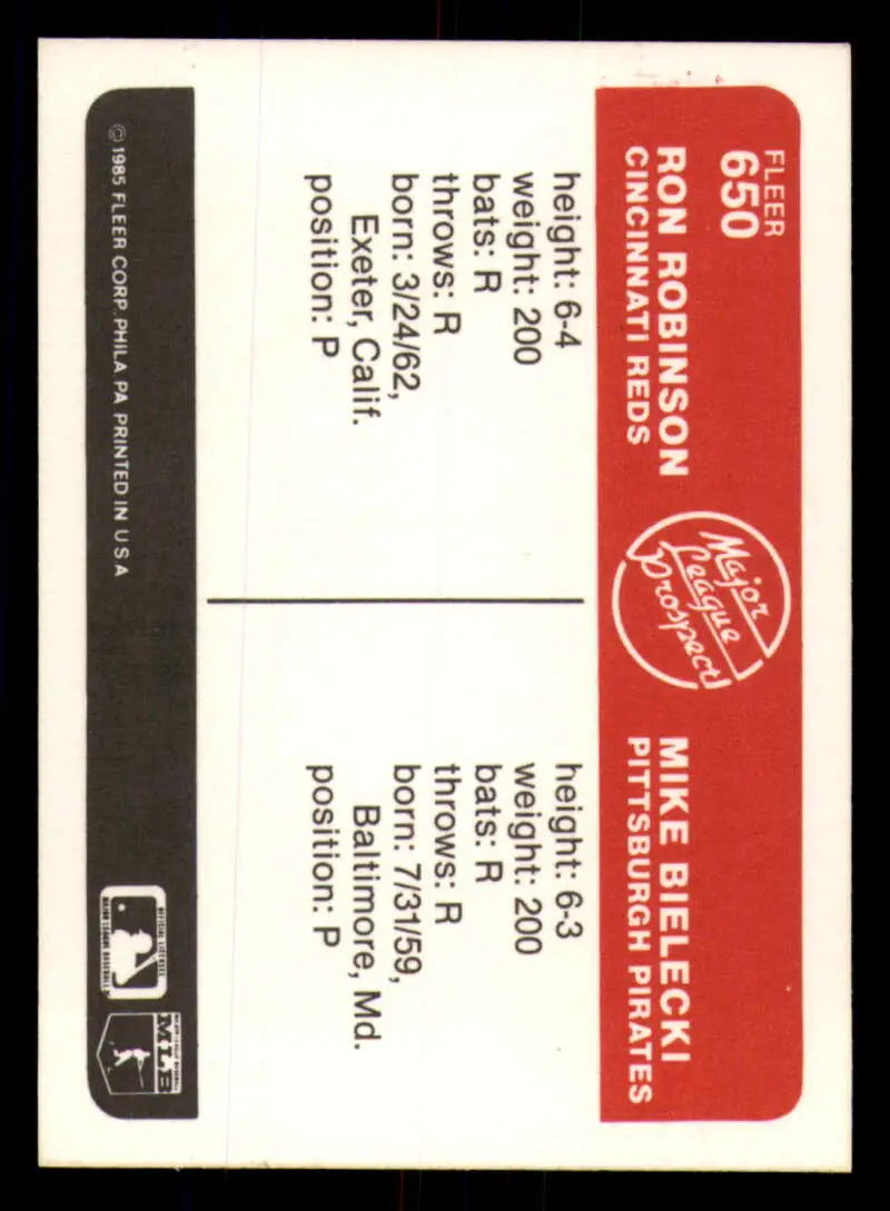 1985 Fleer #650 Ron Robinson/Mike Bielecki EX Excellent RC Rookie Cincinnati Reds/Pittsburgh Pirates Baseball Card
