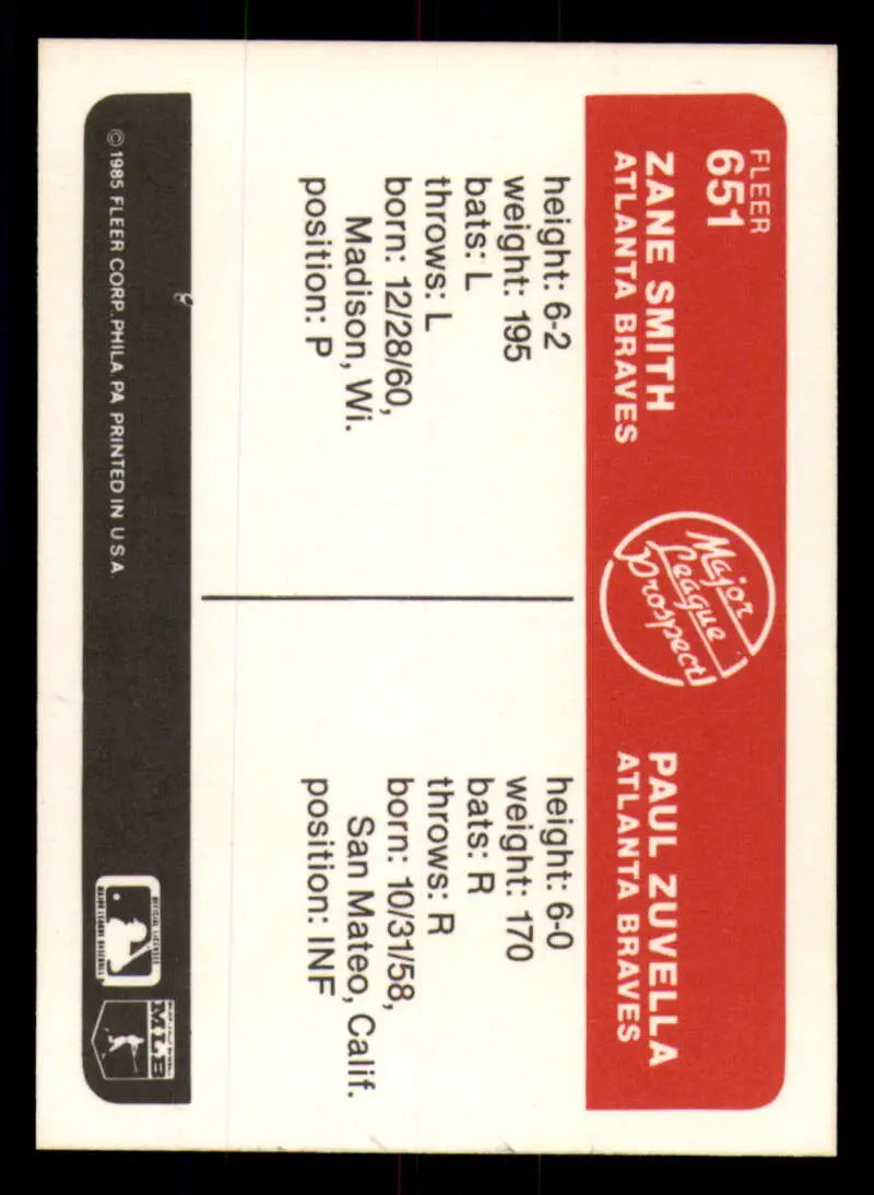 1985 Fleer #651 Zane Smith/Paul Zuvella EX Excellent RC Rookie Atlanta Braves Baseball Card - Baseball Card Single