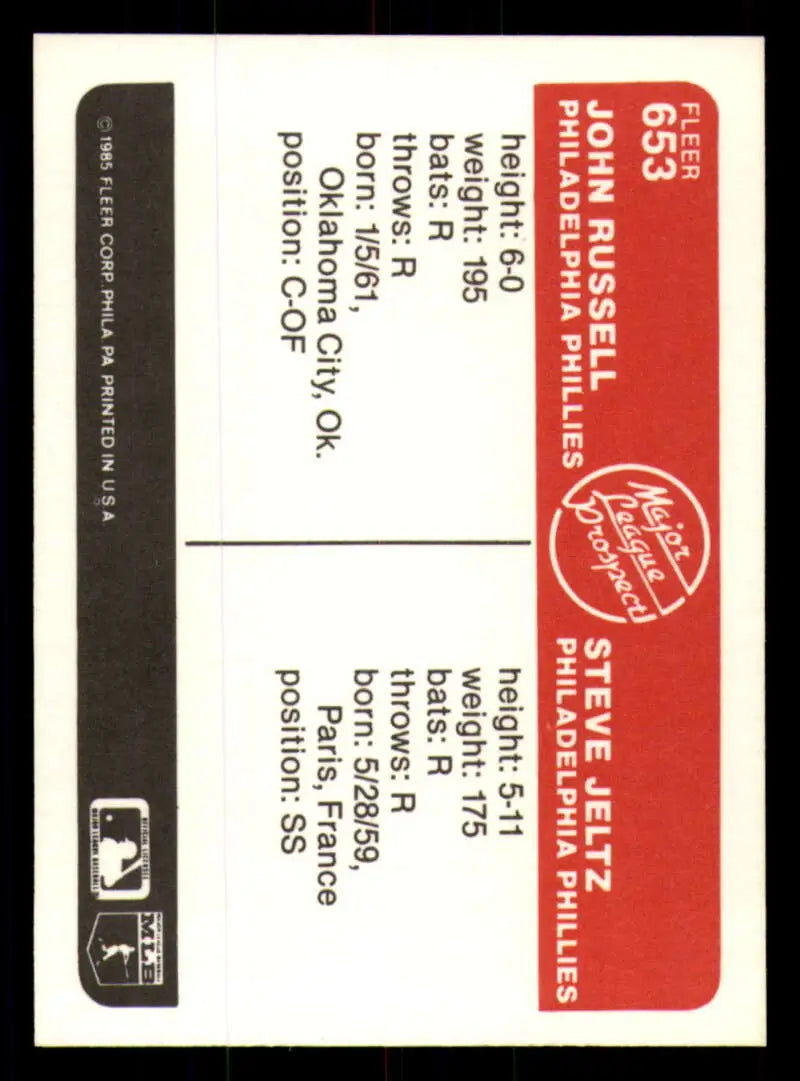 1985 Fleer #653 John Russell/Steve Jeltz EX Excellent RC Rookie Philadelphia Phillies Baseball Card - Baseball Card
