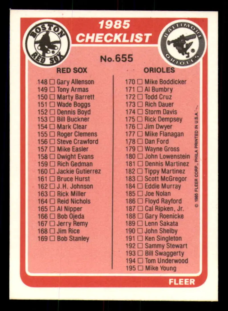 1985 Fleer #655 Checklist 96-195 EX Excellent Toronto Blue Jays/New York Yankees/Boston Red Sox/Baltimore Orioles