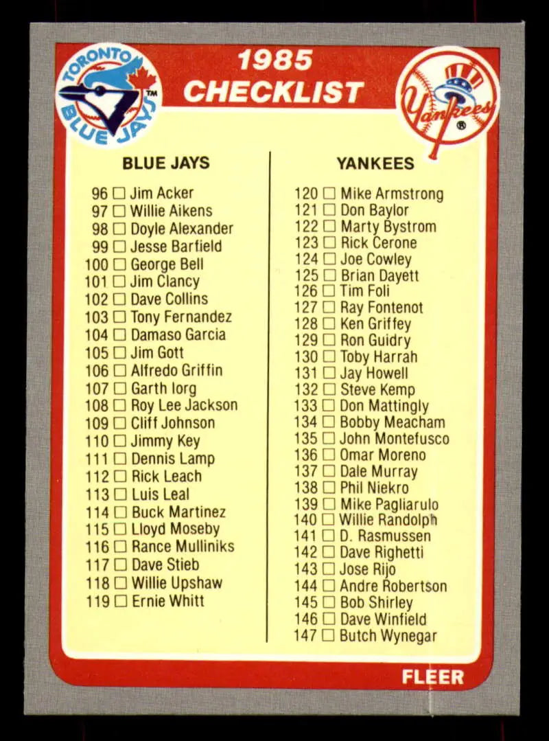 1985 Fleer #655 Checklist 96-195 EX Excellent Toronto Blue Jays/New York Yankees/Boston Red Sox/Baltimore Orioles