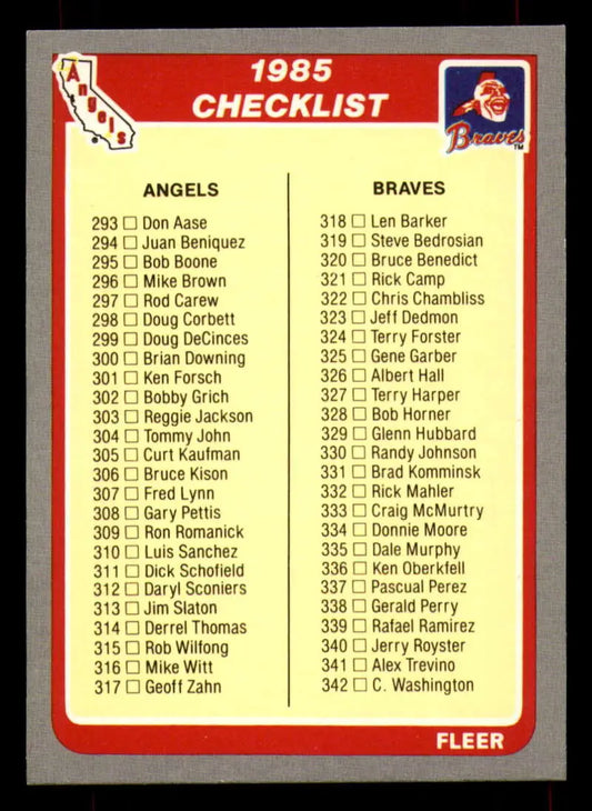 1985 Fleer #657 Checklist 293-391 EX Excellent California Angels/Atlanta Braves/Houston Astros/Los Angeles Dodgers