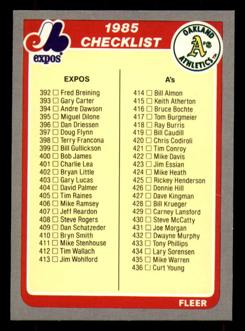 1985 Fleer #658 Checklist 392-481 EX Excellent Montreal Expos/Oakland Athletics/Cleveland Indians/Pittsburgh Pirates