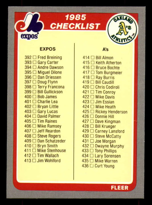 1985 Fleer #658 Checklist 392-481 EX Excellent Montreal Expos/Oakland Athletics/Cleveland Indians/Pittsburgh Pirates