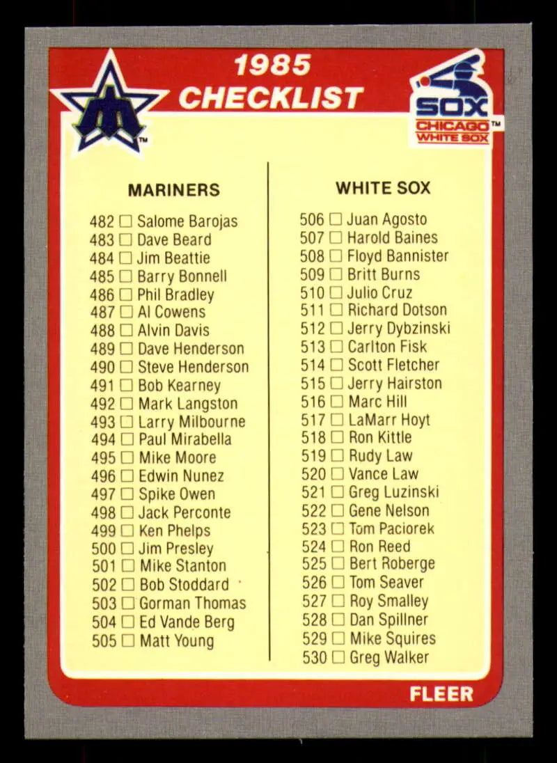 1985 Fleer #659 Checklist 482-575 EX Excellent Seattle Mariners/Chicago White Sox/Cincinnati Reds/Texas Rangers