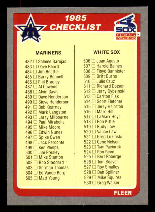 1985 Fleer #659 Checklist 482-575 EX Excellent Seattle Mariners/Chicago White Sox/Cincinnati Reds/Texas Rangers