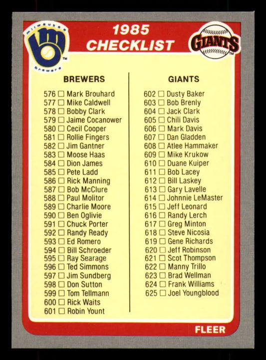 1985 Fleer #660 Checklist 575-660 EX Excellent Milwaukee Brewers/San Francisco Giants/Super Star Specials/Major League
