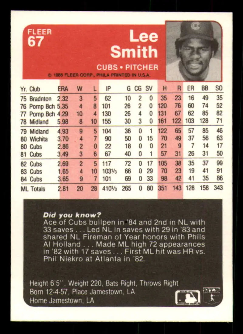 1985 Fleer #67 Lee Smith EX Excellent Chicago Cubs Baseball Card - Baseball Card Single