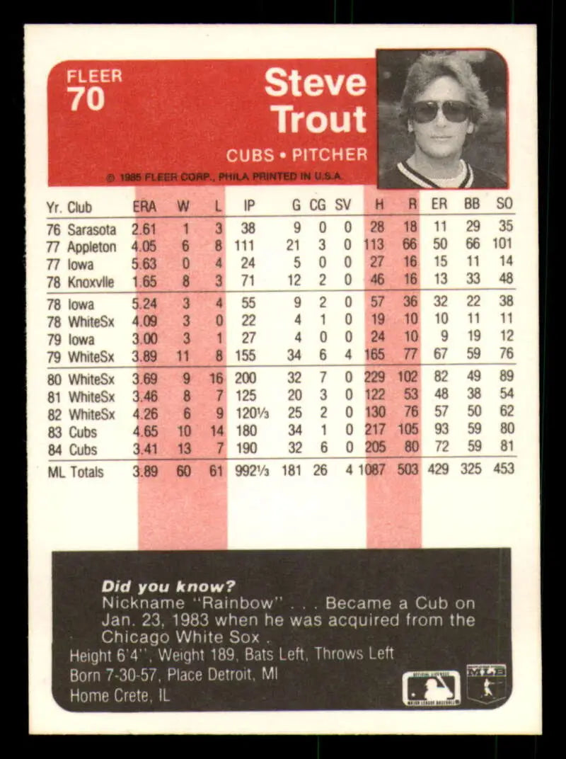 1985 Fleer #70 Steve Trout EX Excellent Chicago Cubs Baseball Card - Baseball Card Single