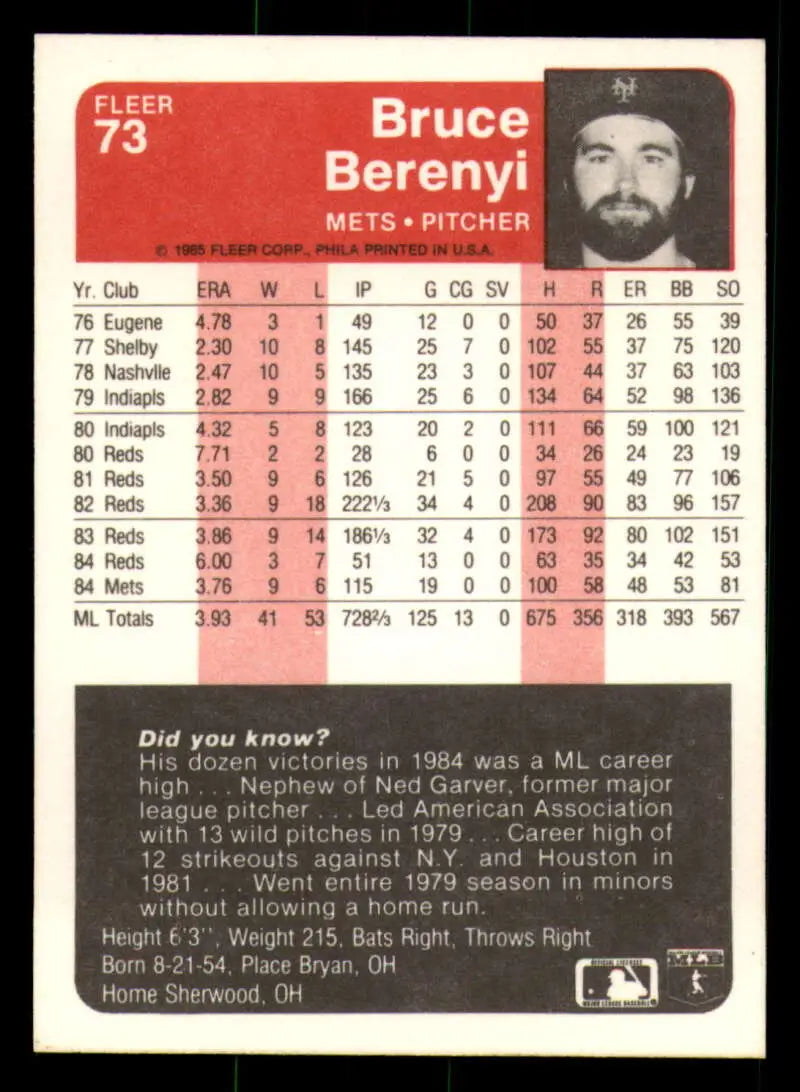 1985 Fleer #73 Bruce Berenyi EX Excellent New York Mets Baseball Card - Baseball Card Single