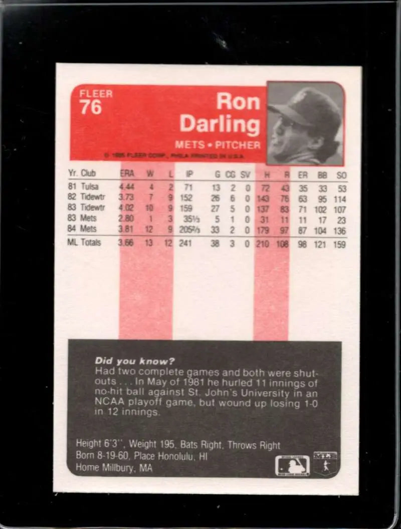 1985 Fleer #76 Ron Darling EX Excellent New York Mets Baseball Card - Baseball Card Single