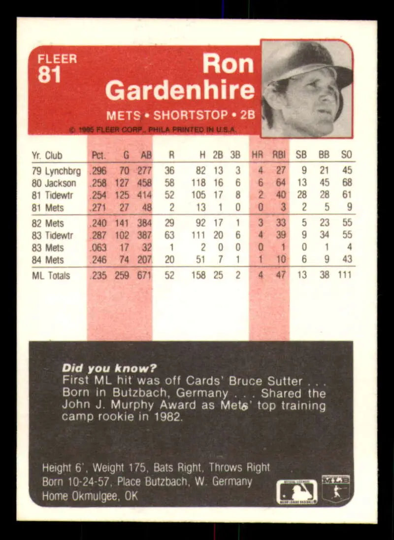1985 Fleer #81 Ron Gardenhire EX Excellent New York Mets Baseball Card - Baseball Card Single