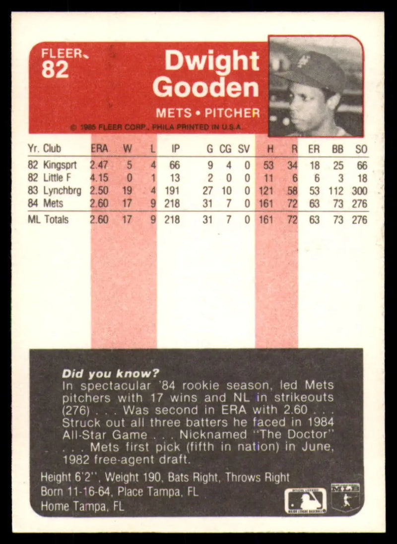 1985 Fleer #82 Dwight Gooden EX Excellent RC Rookie New York Mets Baseball Card - Baseball Card Single