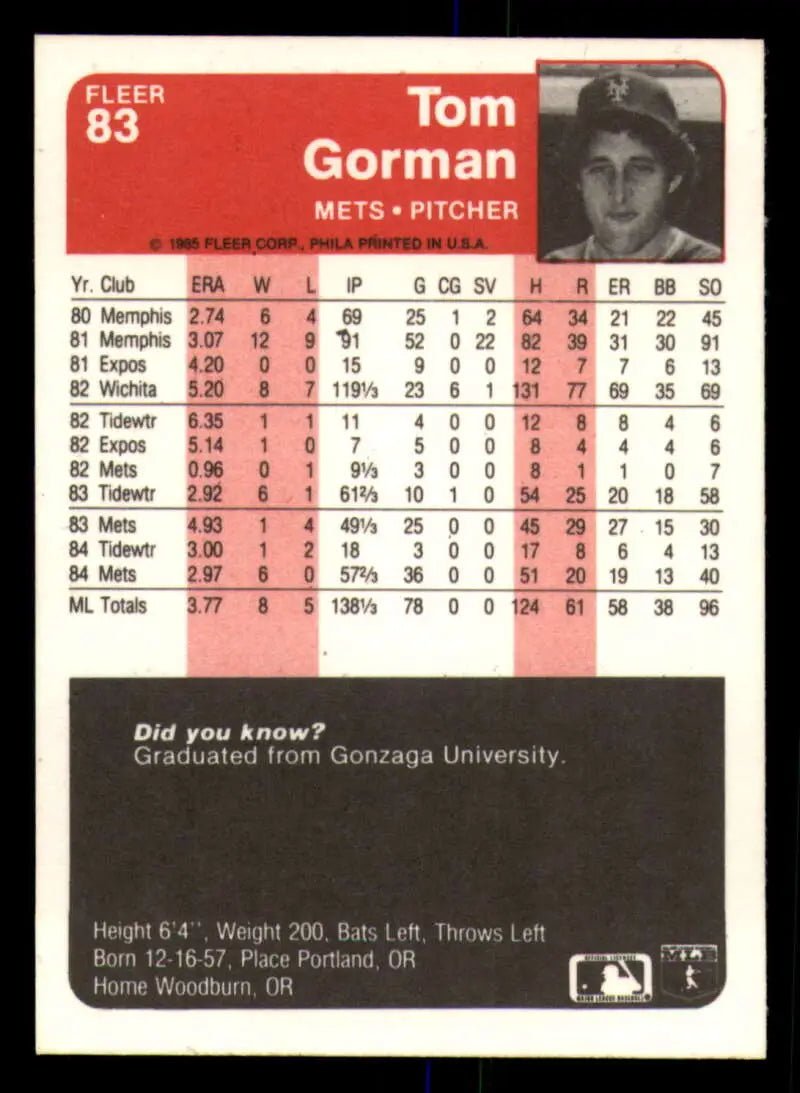 1985 Fleer #83 Tom Gorman EX Excellent New York Mets Baseball Card - Baseball Card Single