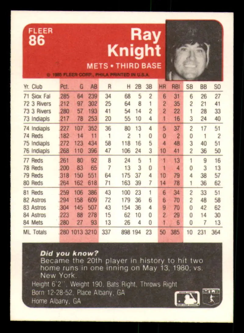 1985 Fleer #86 Ray Knight EX Excellent New York Mets Baseball Card - Baseball Card Single