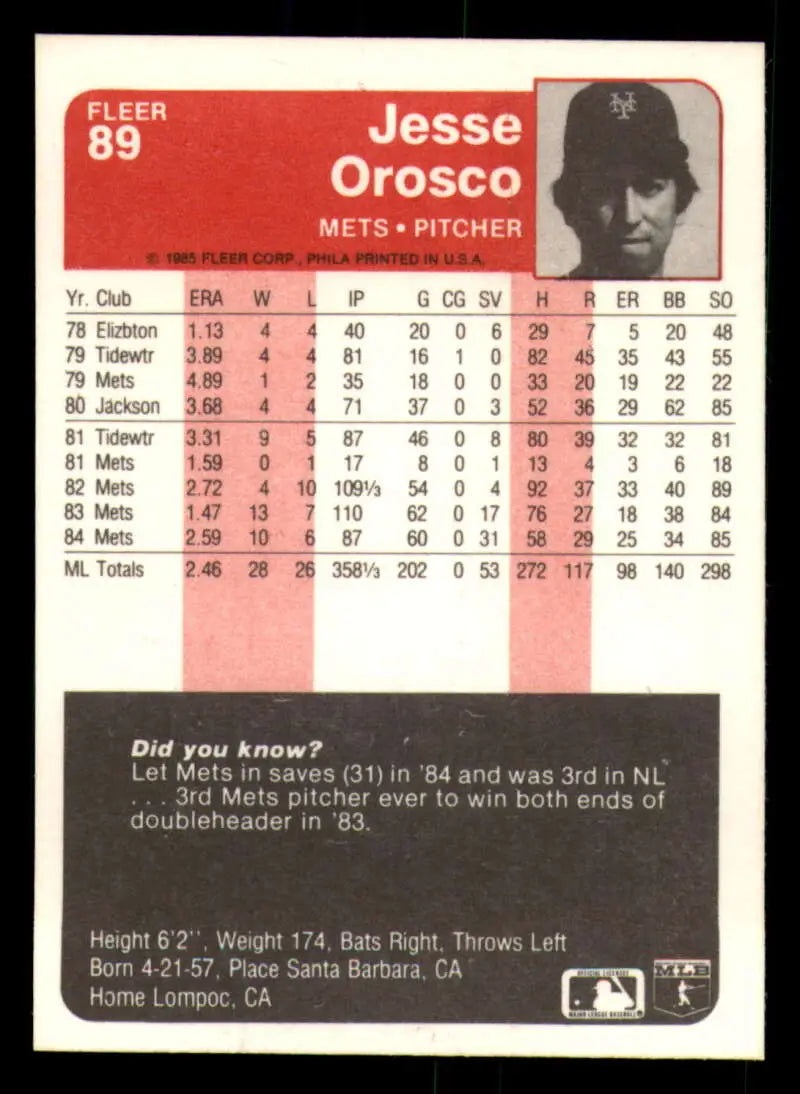 1985 Fleer #89 Jesse Orosco EX Excellent New York Mets Baseball Card - Baseball Card Single