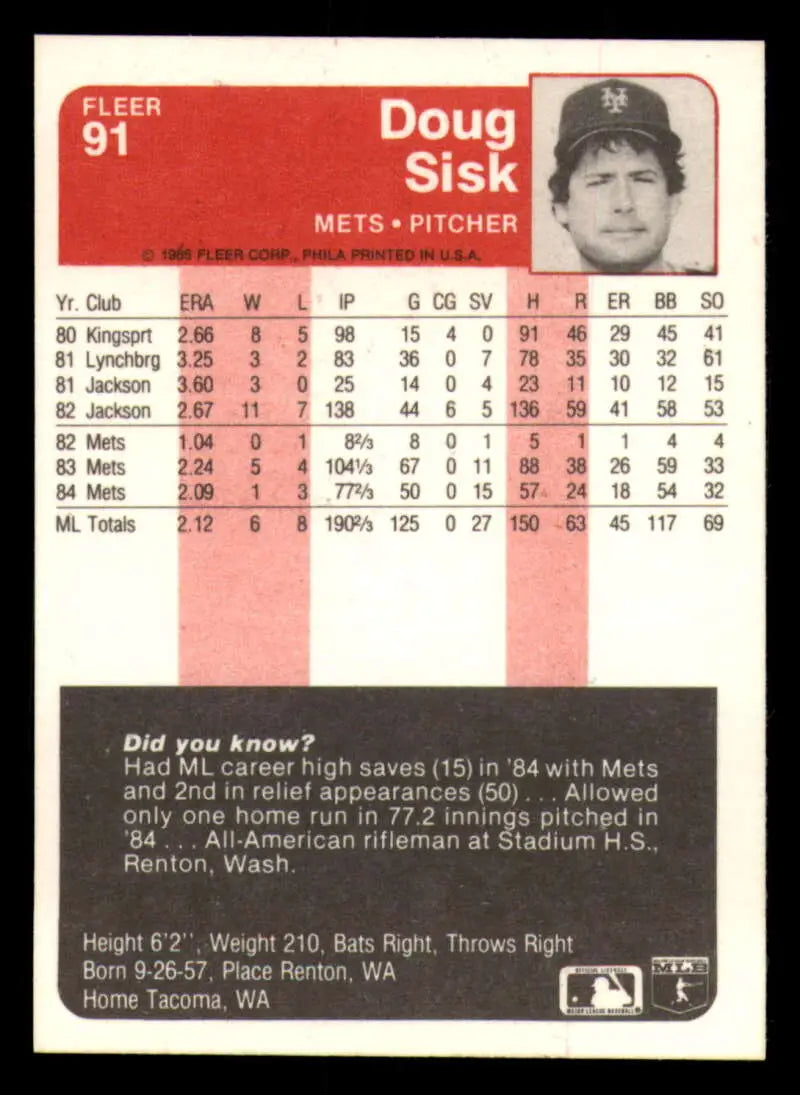 1985 Fleer #91 Doug Sisk EX Excellent New York Mets Baseball Card - Baseball Card Single