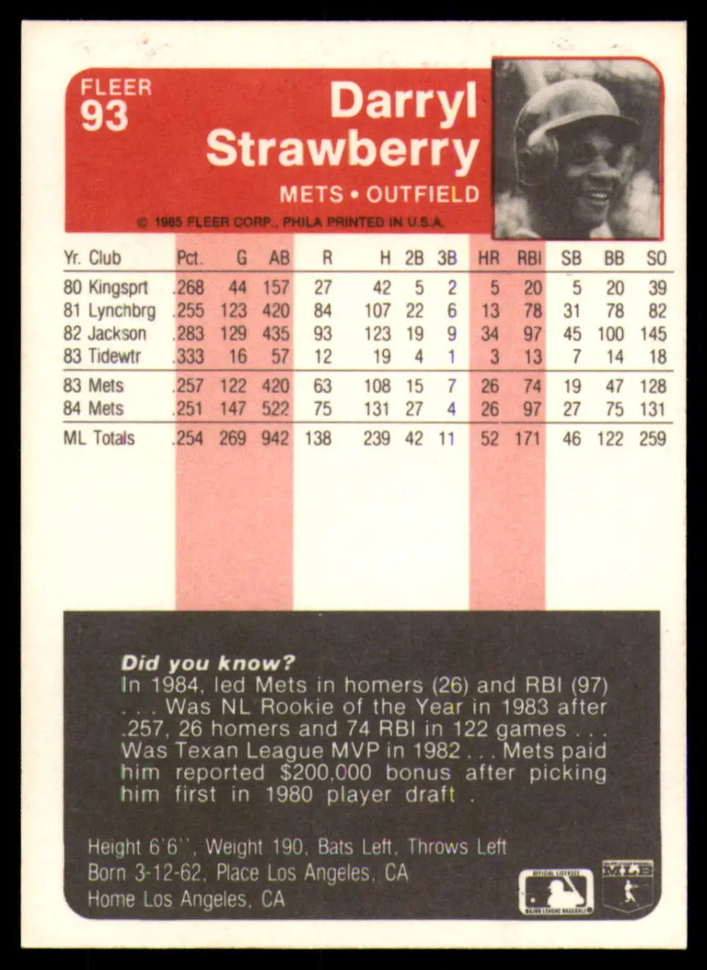 1985 Fleer #93 Darryl Strawberry EX Excellent New York Mets Baseball Card - Baseball Card Single