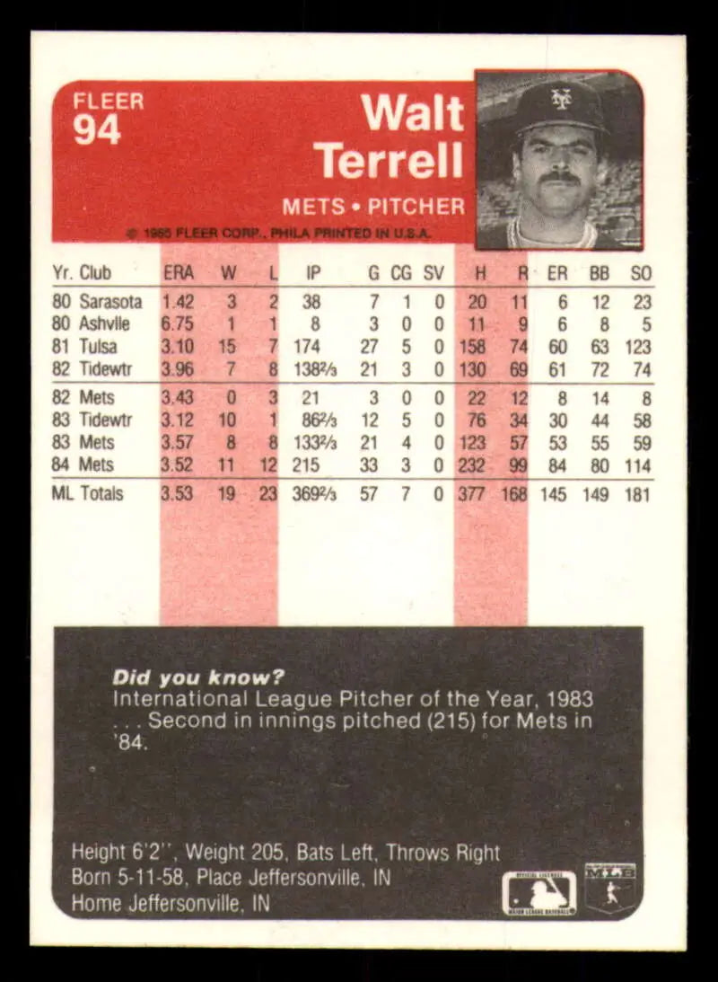 1985 Fleer #94 Walt Terrell EX Excellent New York Mets Baseball Card - Baseball Card Single