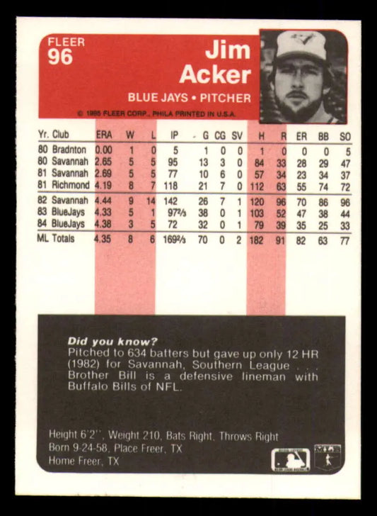 1985 Fleer #96 Jim Acker EX Excellent Toronto Blue Jays Baseball Card - Baseball Card Single