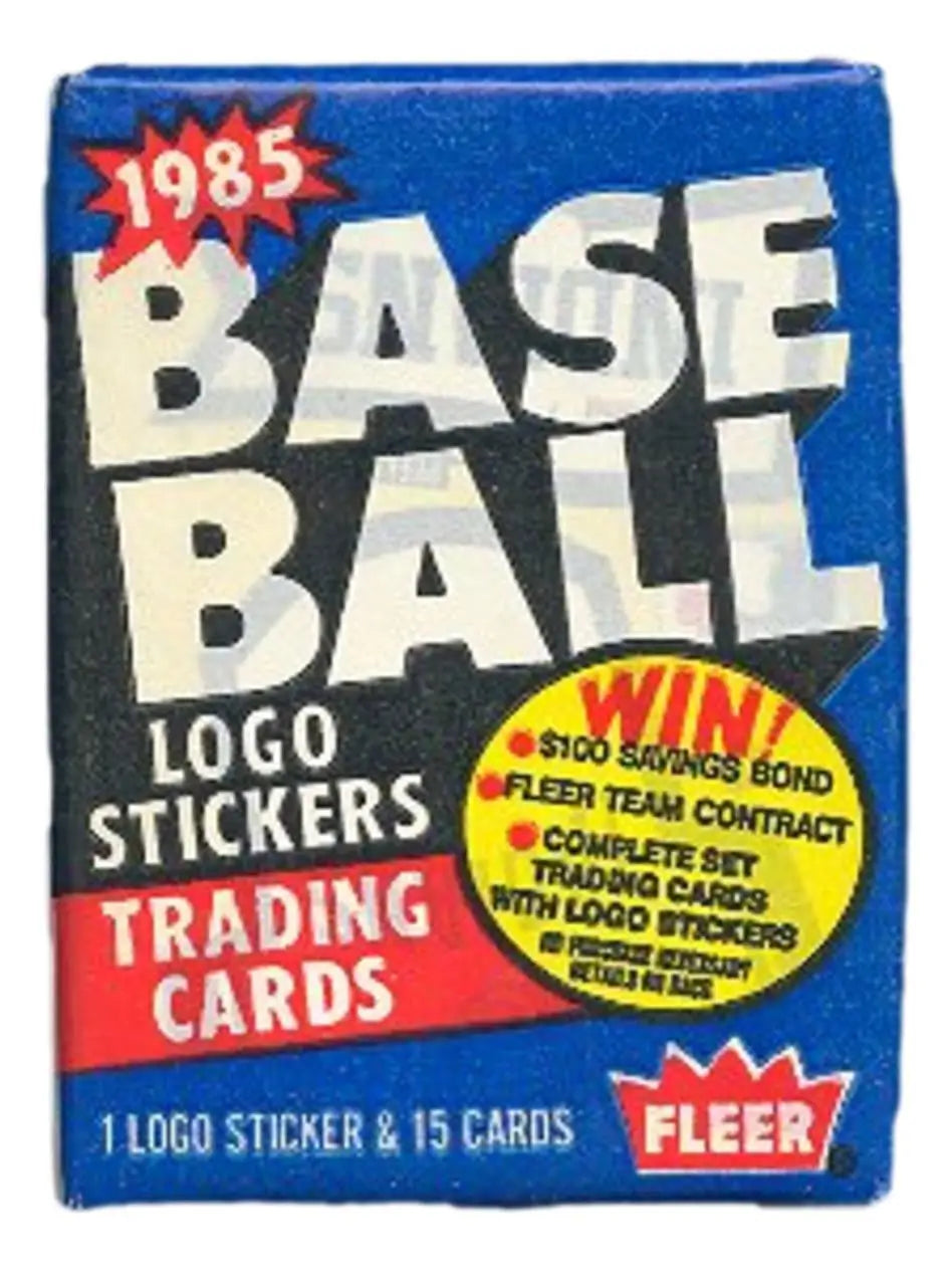 Vintage 1985 Fleer Baseball Wax Pack featuring trading cards and logo stickers