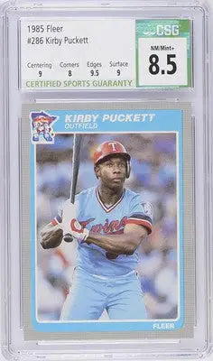 Fleer Kirby Puckett baseball card graded CGC 8.5 from 1985 Fleer series