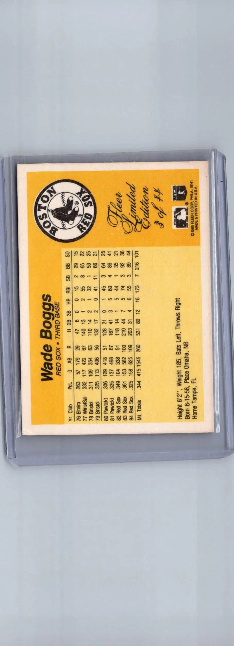 Wade Boggs baseball card from 1985 Fleer Limited Edition #3 in collectible series