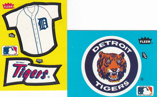 Collection of Detroit Tigers logos and jersey patch from Fleer Stickers Tigers set