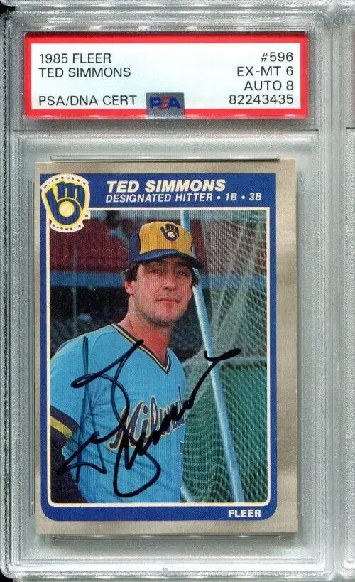 Graded 1985 Fleer Ted Simmons PSA 6 DNA 8 auto card featuring Milwaukee Brewers HOF star