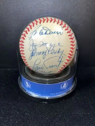 Autographed 1985 Old Timers Game Baseball in display case for baseball card collectors