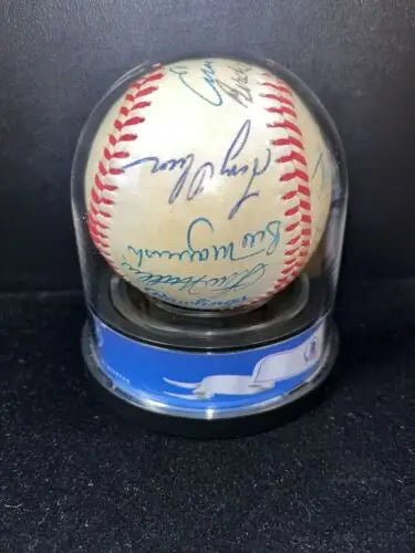 Autographed baseball from 1985 Old Timers Game in display case for trading cards fans