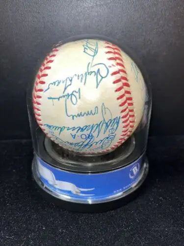 Autographed baseball in display case from 1985 Old Timers Game with legends’ signatures