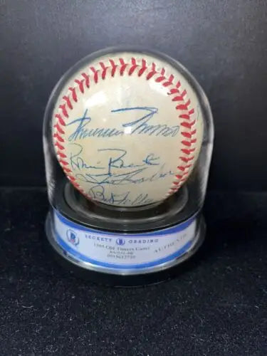 Autographed baseball in display case from 1985 Old Timers Game with BAS Minoso Torre Oliva Feller