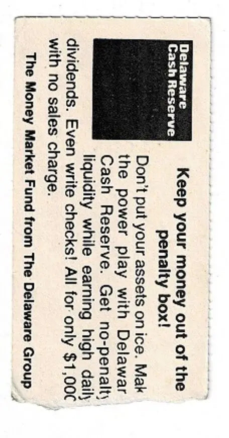 Delaware Cash Reserve advertisement on 1985 Stanley Cup Playoffs Rangers hockey ticket stub