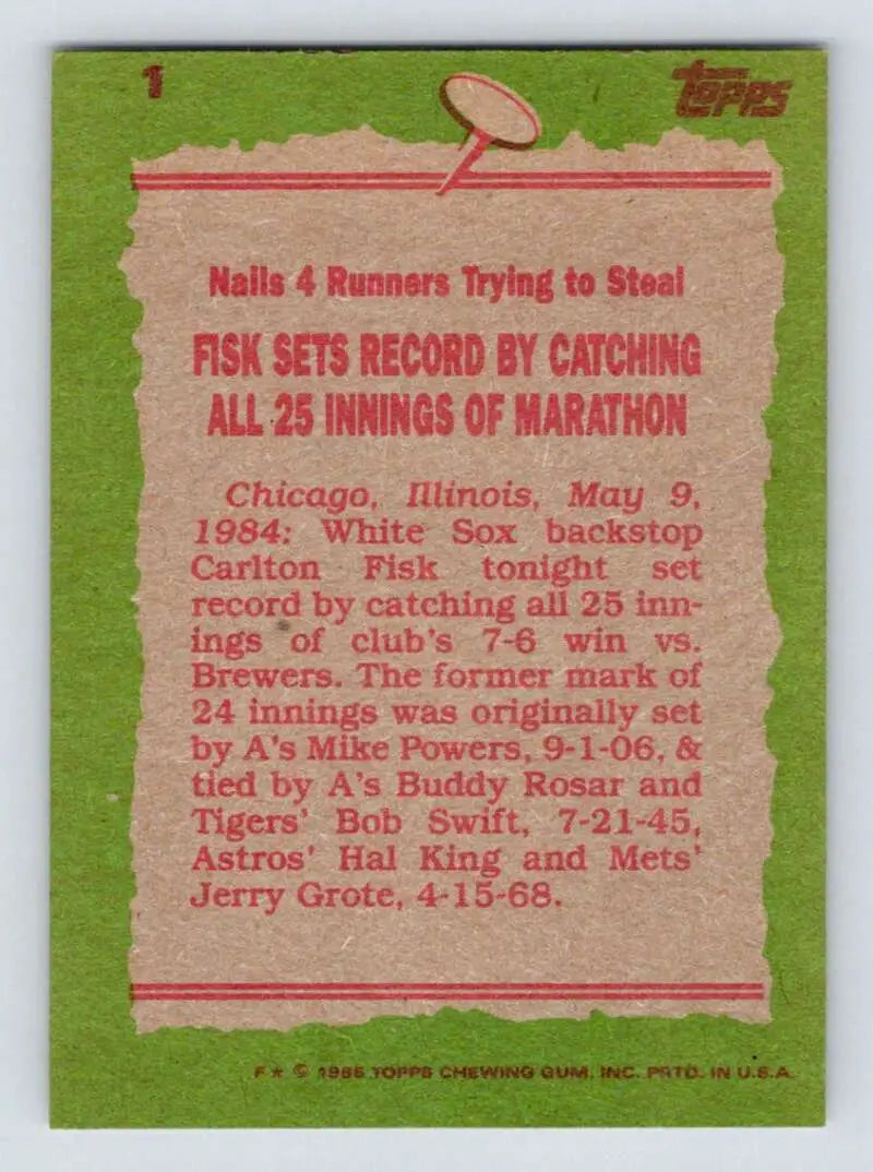 1985 Topps #1 Carlton Fisk EX Excellent Chicago White Sox Baseball Card - Baseball Card Single