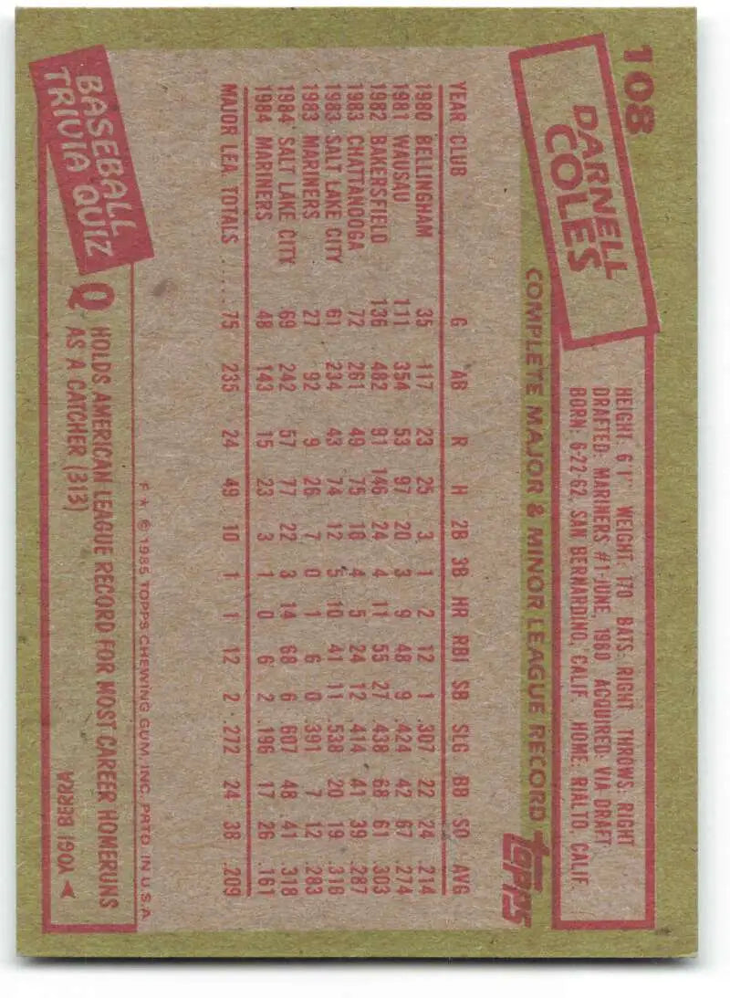 1985 Topps #108 Darnell Coles EX Excellent Seattle Mariners Baseball Card - Baseball Card Single
