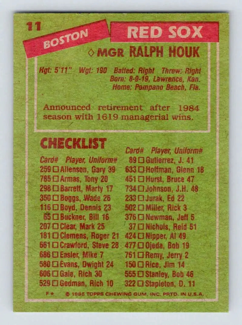 1985 Topps #11 Ralph Houk EX Excellent Boston Red Sox Baseball Card - Baseball Card Single