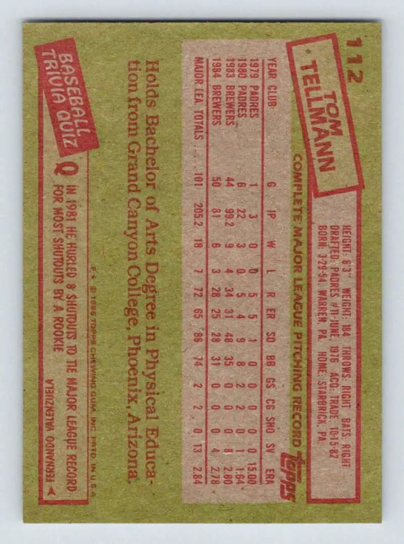 1985 Topps #112 Tom Tellmann EX Excellent Milwaukee Brewers Baseball Card - Baseball Card Single