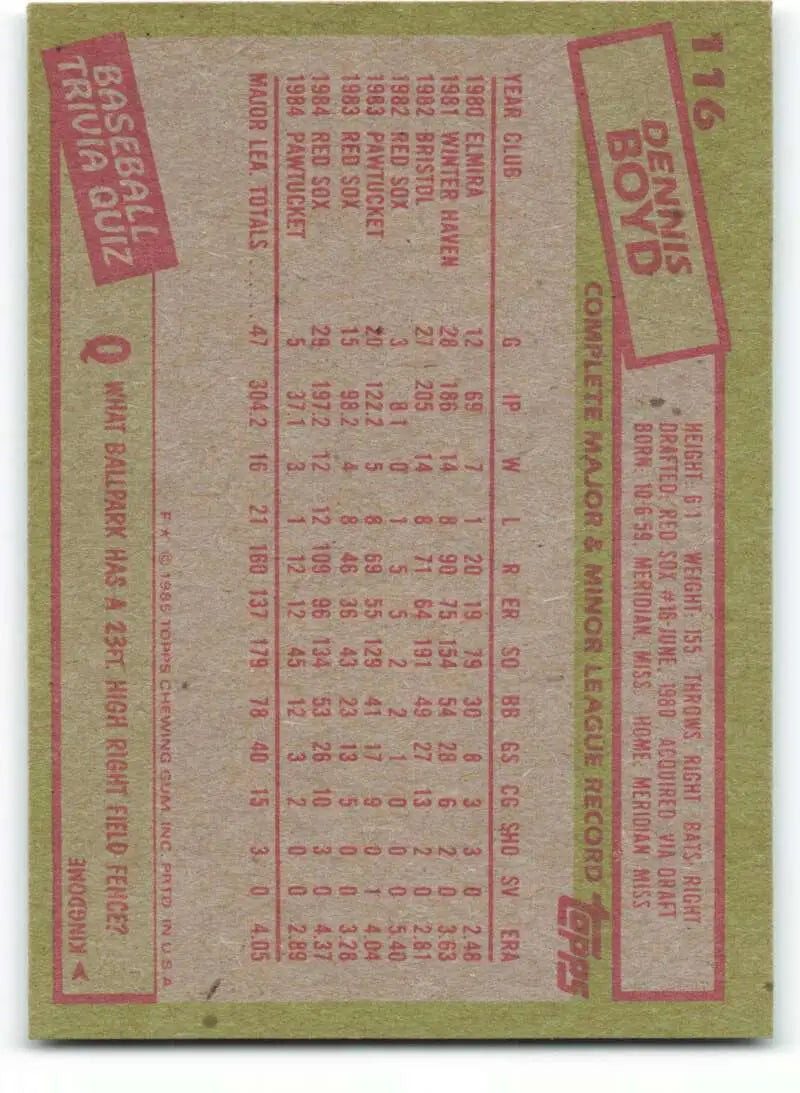 1985 Topps #116 Oil Can Boyd EX Excellent Boston Red Sox Baseball Card - Baseball Card Single