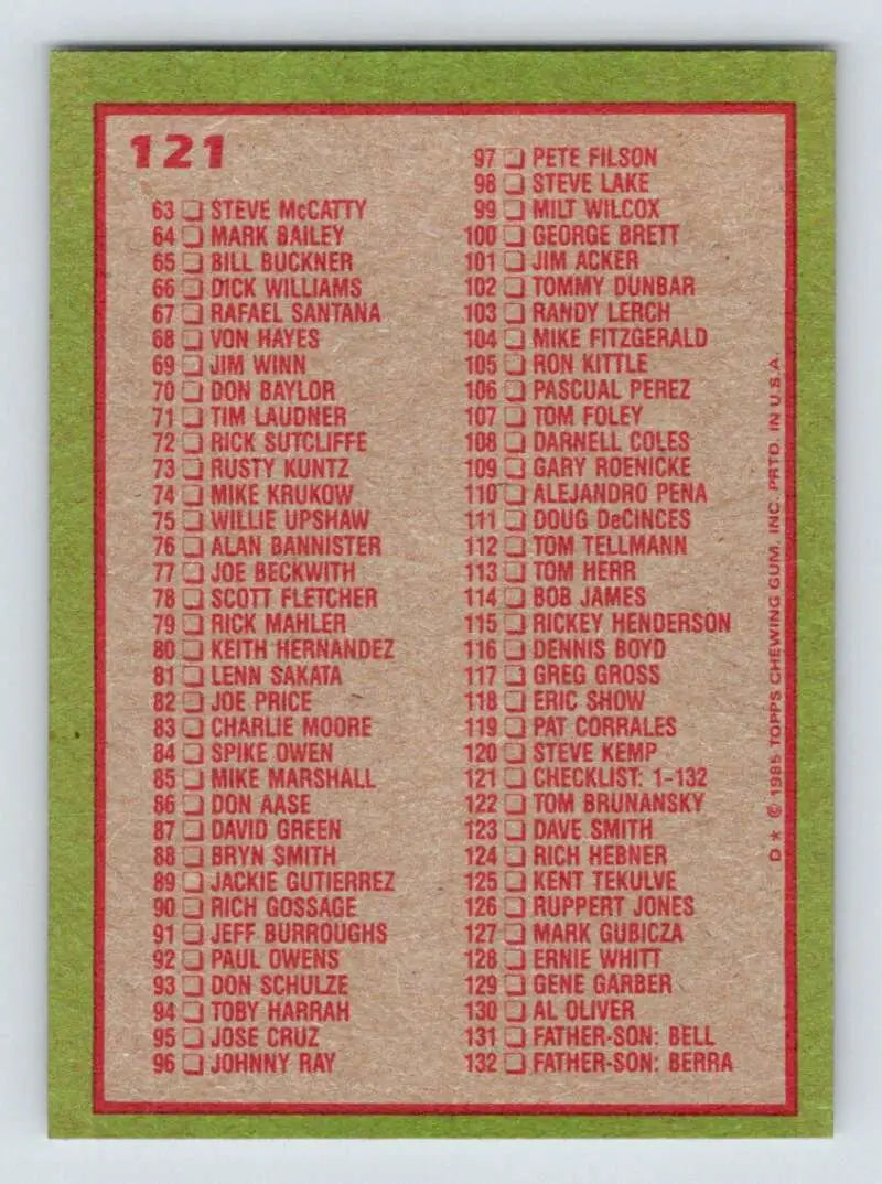 1985 Topps #121 Checklist: 1-132 EX Excellent Baseball Card - Baseball Card Single
