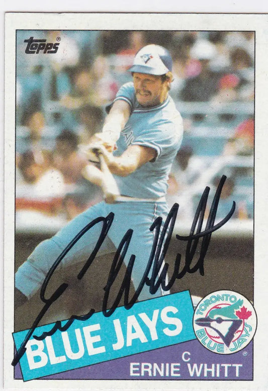 Autographed Ernie Whitt TTM Auto baseball card for Toronto Blue Jays in mid-swing