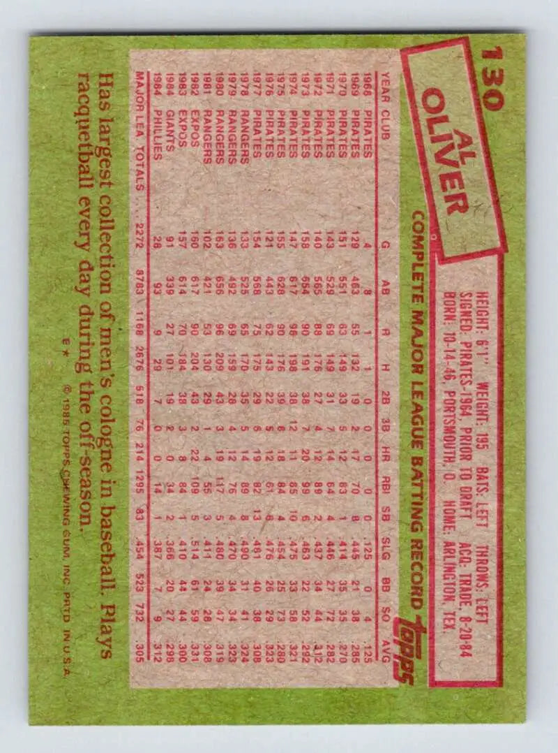 1985 Topps #130 Al Oliver EX Excellent Philadelphia Phillies Baseball Card - Baseball Card Single