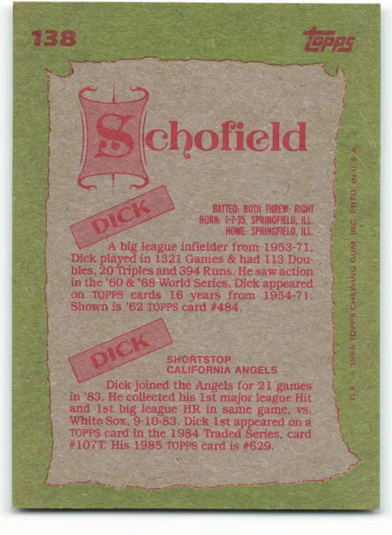 1985 Topps #138 Ducky Schofield/Dick Schofield EX Excellent Pittsburgh Pirates/California Angels Baseball Card